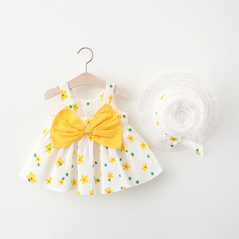 Summer New Baby Girl Print Bow Suspender Dress