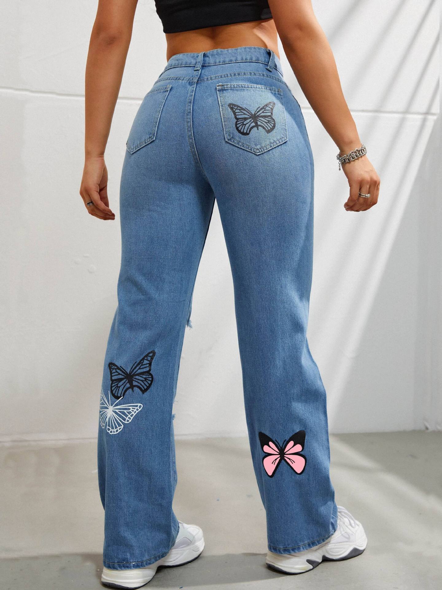 High Waisted Straight Leg Jeans For Women Trendy Butterfly Print Ripped Denim