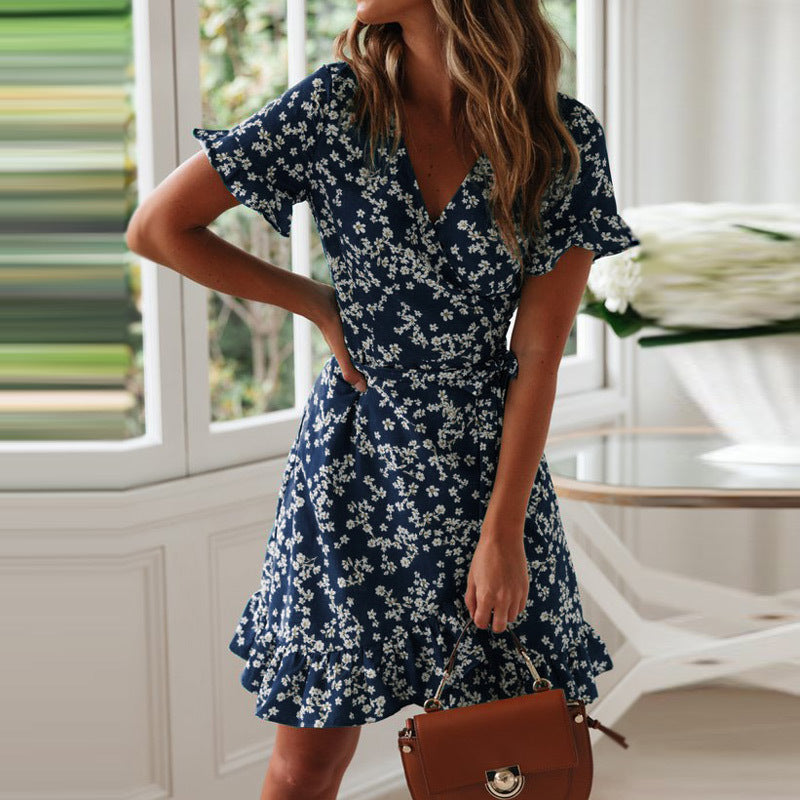 Printed V-neck Lace-up Chiffon Floral Dress