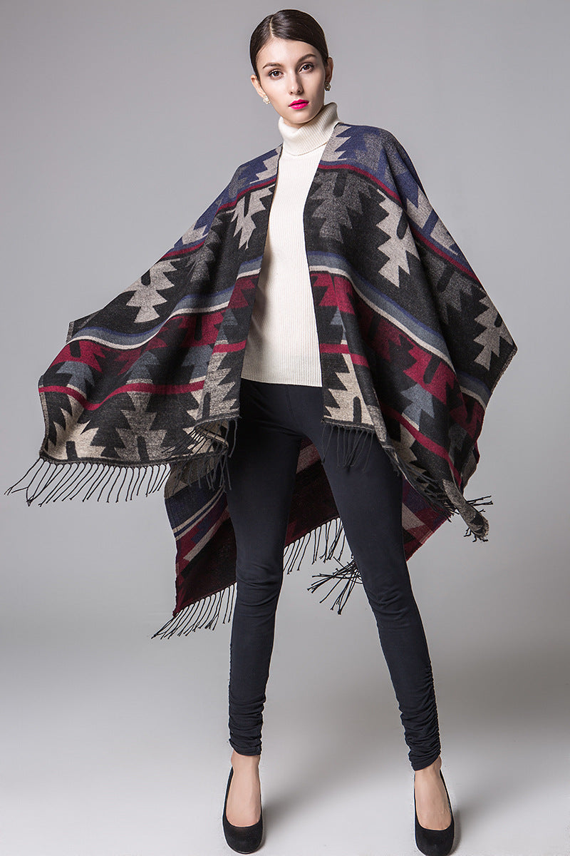 Geometric diamonds long thickening cashmere ethnic wind travel split shawl cloak