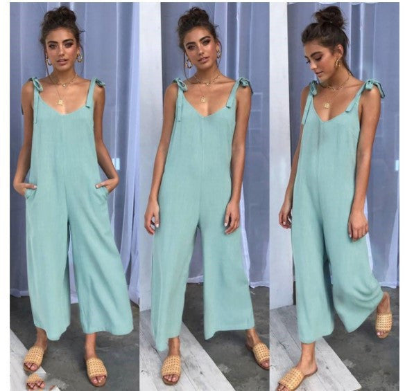 Back solid jumpsuit ladies summer wide leg dress