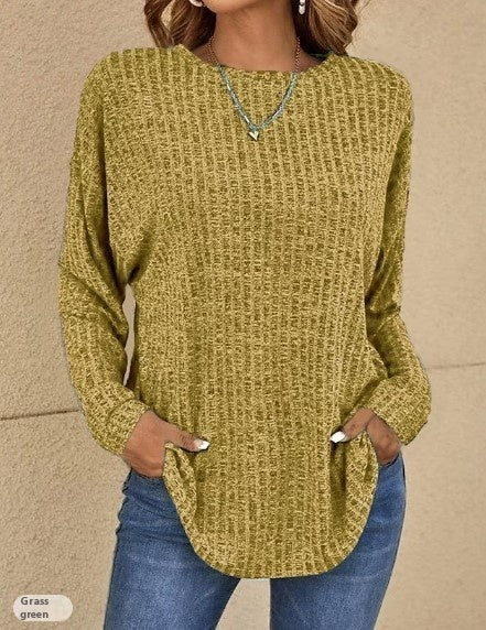 Knitted Sweater Round Neck Sunken Stripe Top Long Sleeve Loose