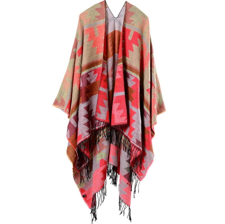 Geometric diamonds long thickening cashmere ethnic wind travel split shawl cloak