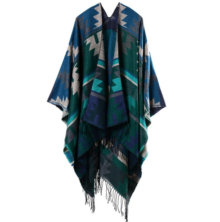 Geometric diamonds long thickening cashmere ethnic wind travel split shawl cloak