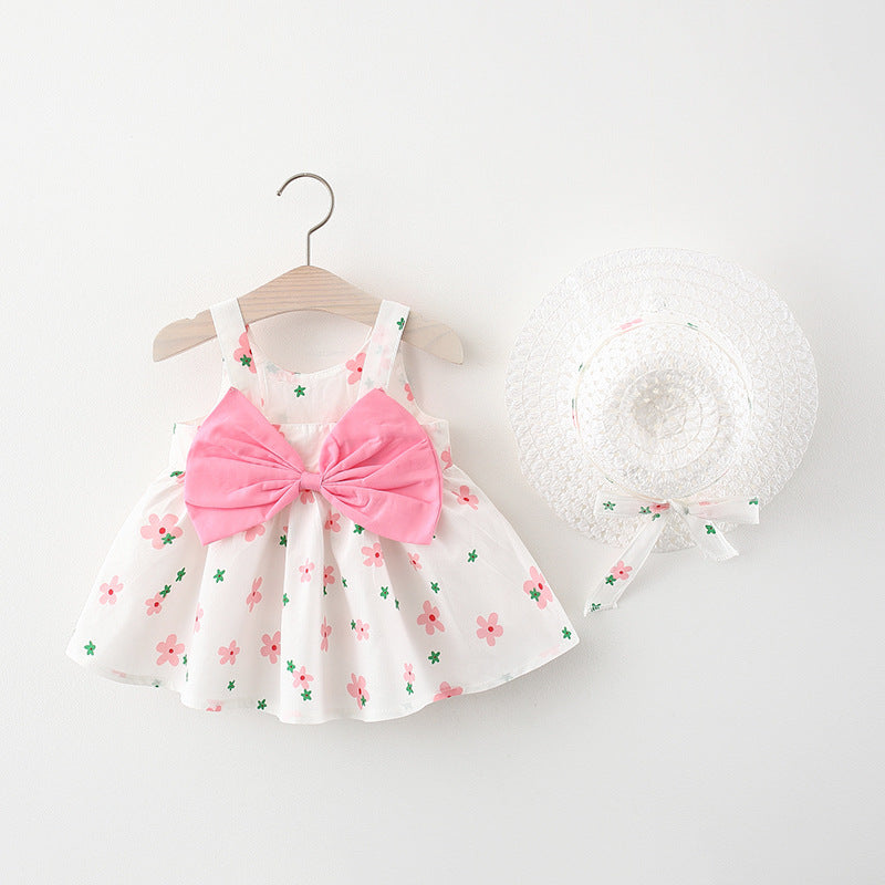 Summer New Baby Girl Print Bow Suspender Dress