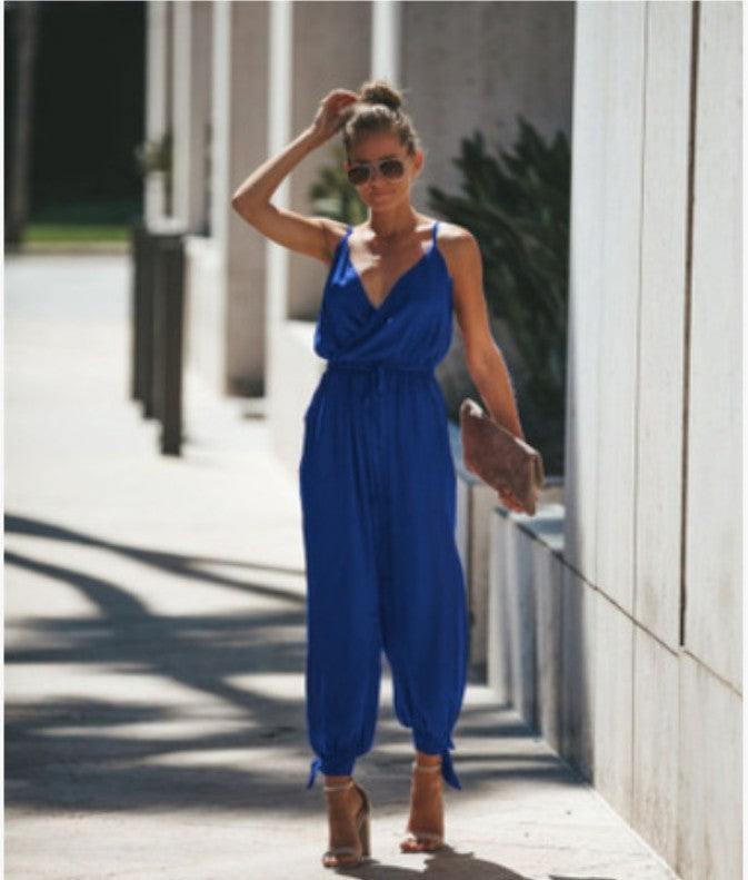 Printed sexy backless tether pocket sling V-neck  jumpsuit