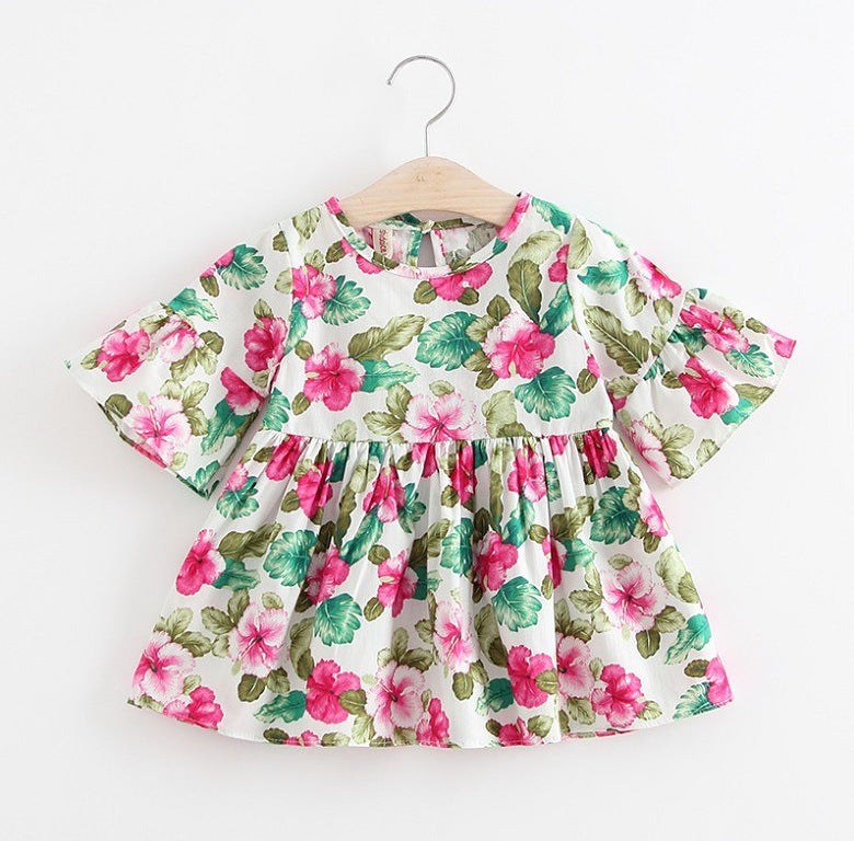 Girls  Skirts Flared Sleeve Printed Cotton Dress