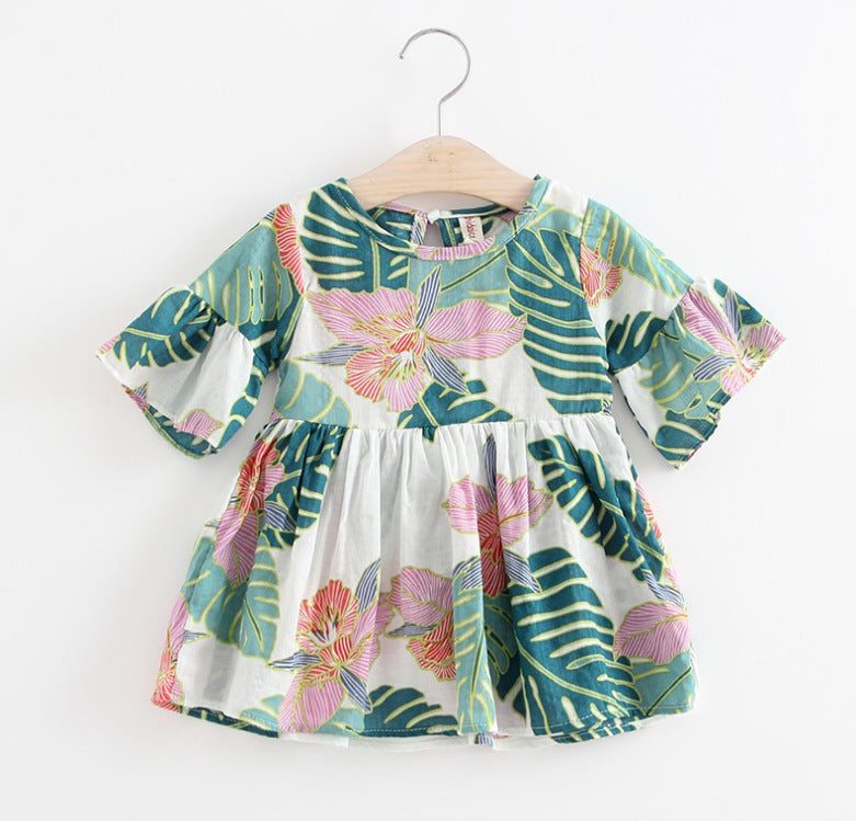 Girls  Skirts Flared Sleeve Printed Cotton Dress