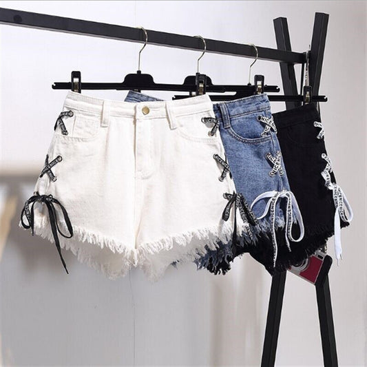 Women Denim Shorts With high Waist Straps Tassel