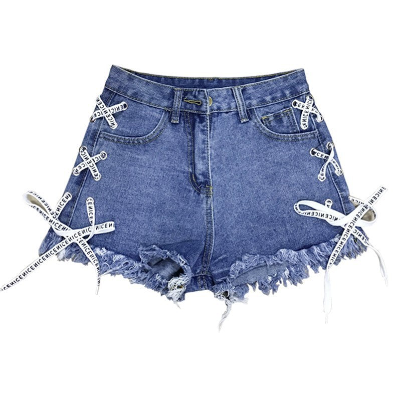 Women Denim Shorts With high Waist Straps Tassel