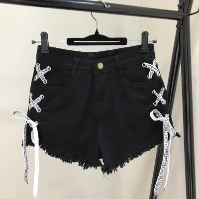 Women Denim Shorts With high Waist Straps Tassel