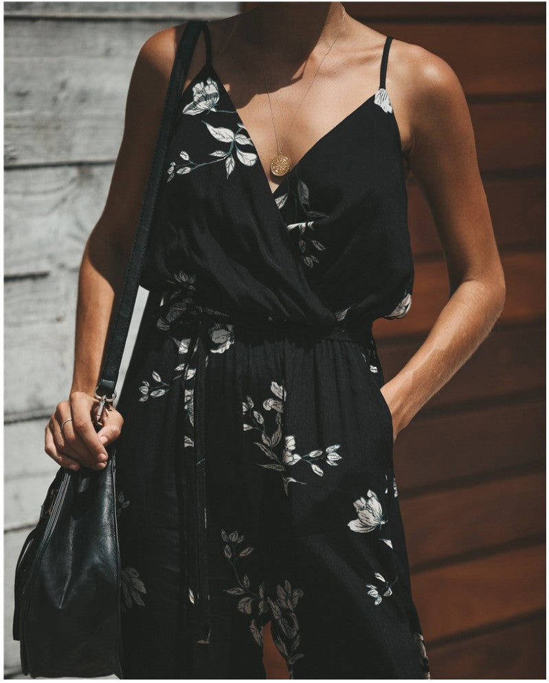 Printed sexy backless tether pocket sling V-neck  jumpsuit