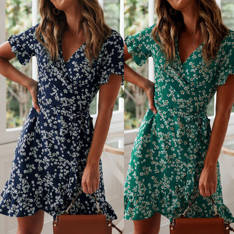 Printed V-neck Lace-up Chiffon Floral Dress