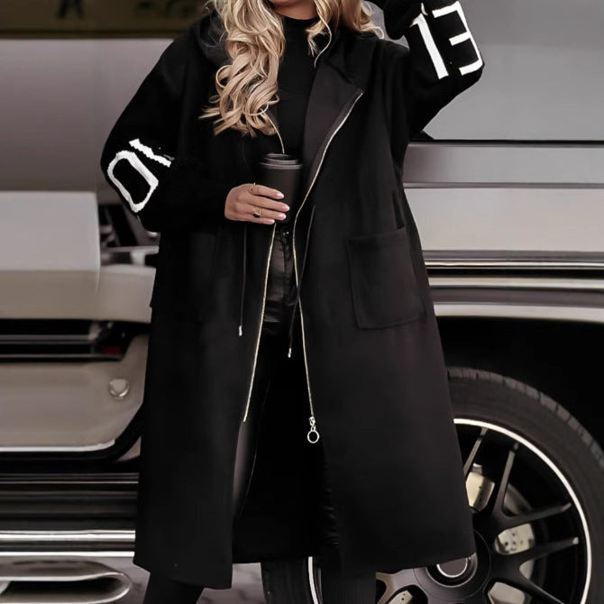 Hooded Windbreaker Long Jacket With Pockets And Drawstring Design Solid Color Knit-Sleeved Trench Coat