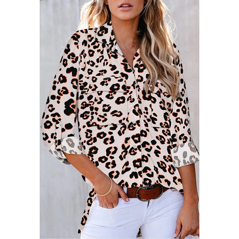 Women Leopard Print Three-Quarter Sleeve Loose Casual Shirt