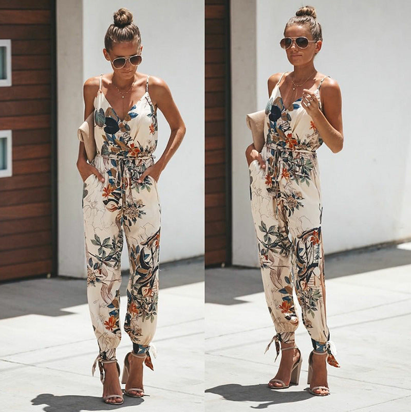 Printed sexy backless tether pocket sling V-neck  jumpsuit