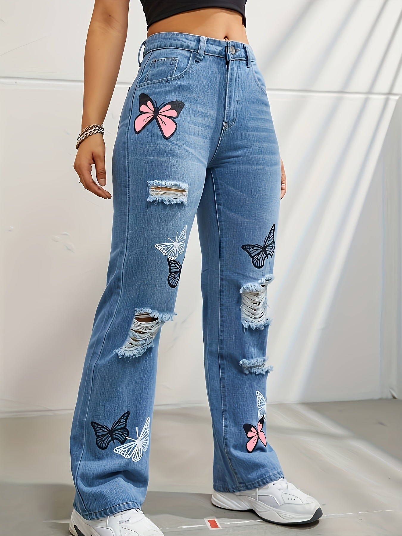 High Waisted Straight Leg Jeans For Women Trendy Butterfly Print Ripped Denim