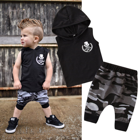 2PCS Toddlers Sleeveless Hooded Clothes T-shirt Tops Camo Pants Outfits