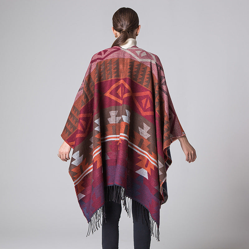 Geometric diamonds long thickening cashmere ethnic wind travel split shawl cloak