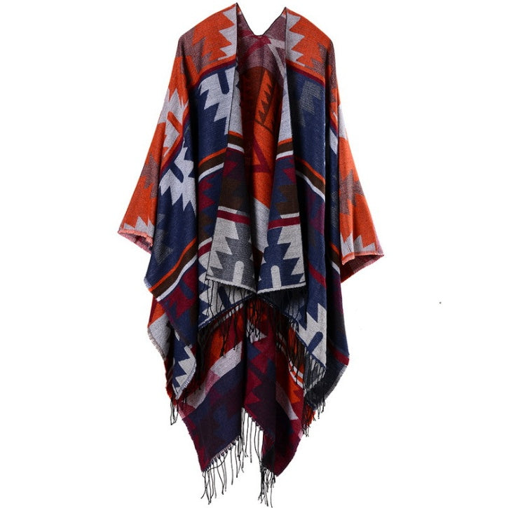 Geometric diamonds long thickening cashmere ethnic wind travel split shawl cloak