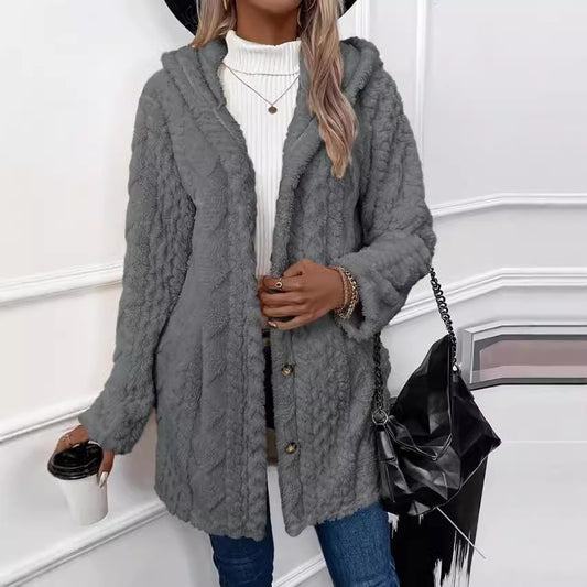 Hooded Solid Color Cardigan Button Long Sleeve Coat