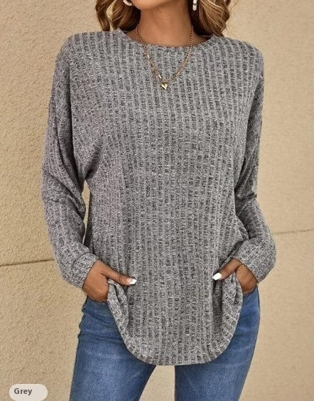 Knitted Sweater Round Neck Sunken Stripe Top Long Sleeve Loose