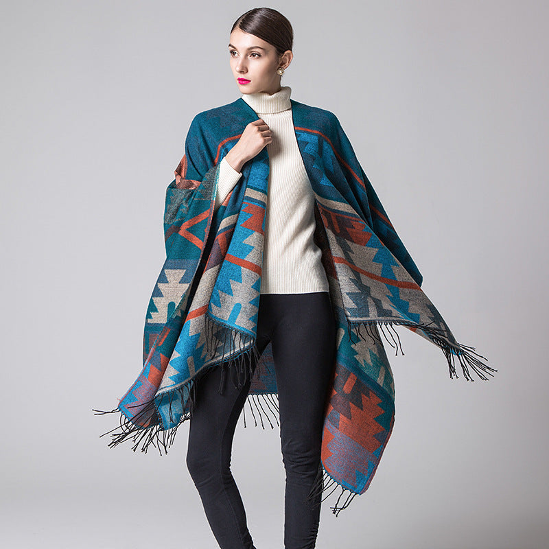 Geometric diamonds long thickening cashmere ethnic wind travel split shawl cloak