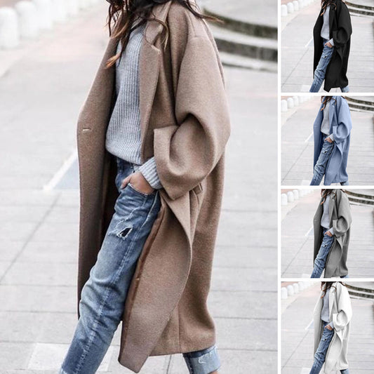 Long Jacket Coat With Pockets Solid Color Single Breasted Lapel