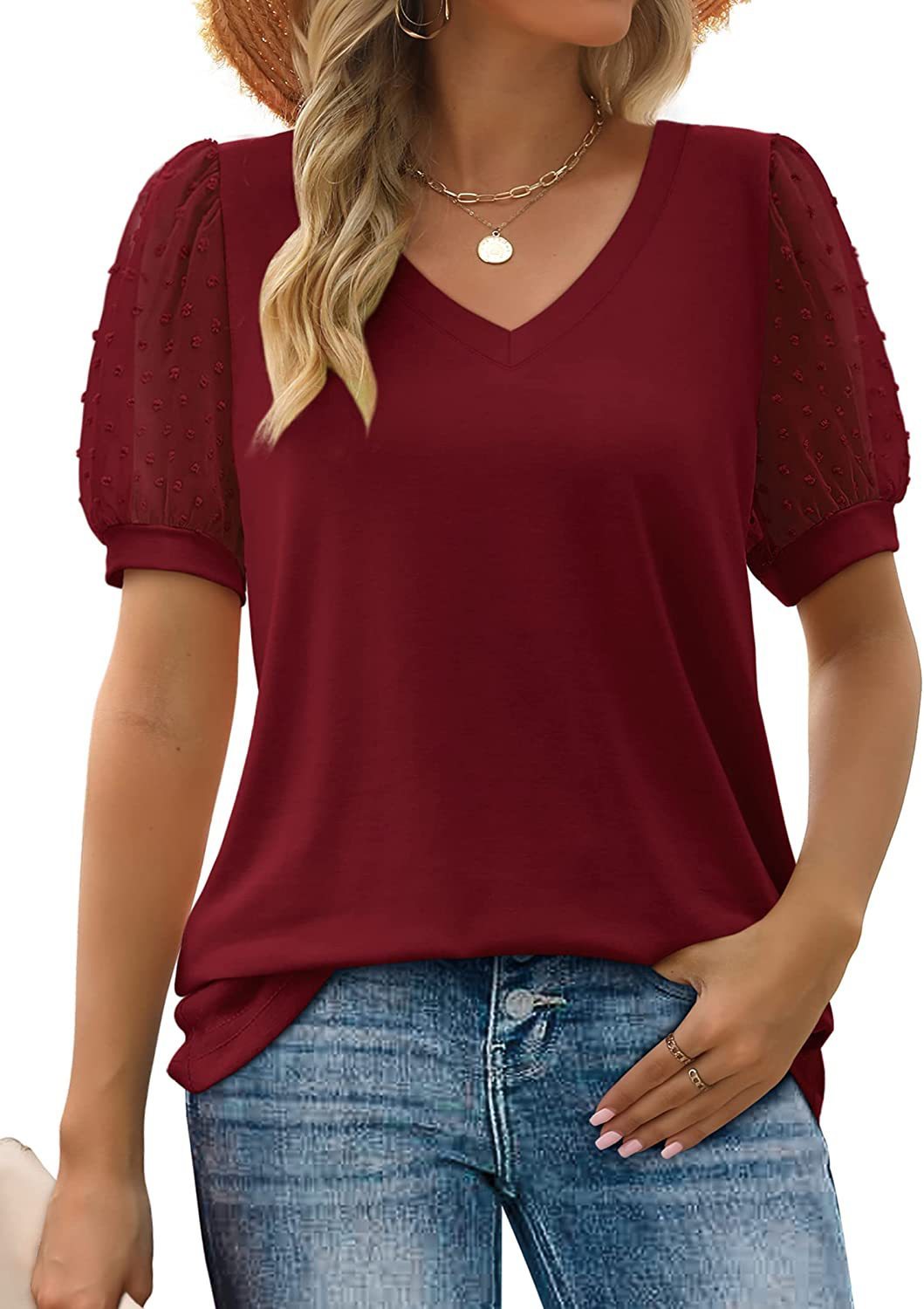 Womens Summer Tops V Neck T Shirts Dot Puff Sleeve Shirts