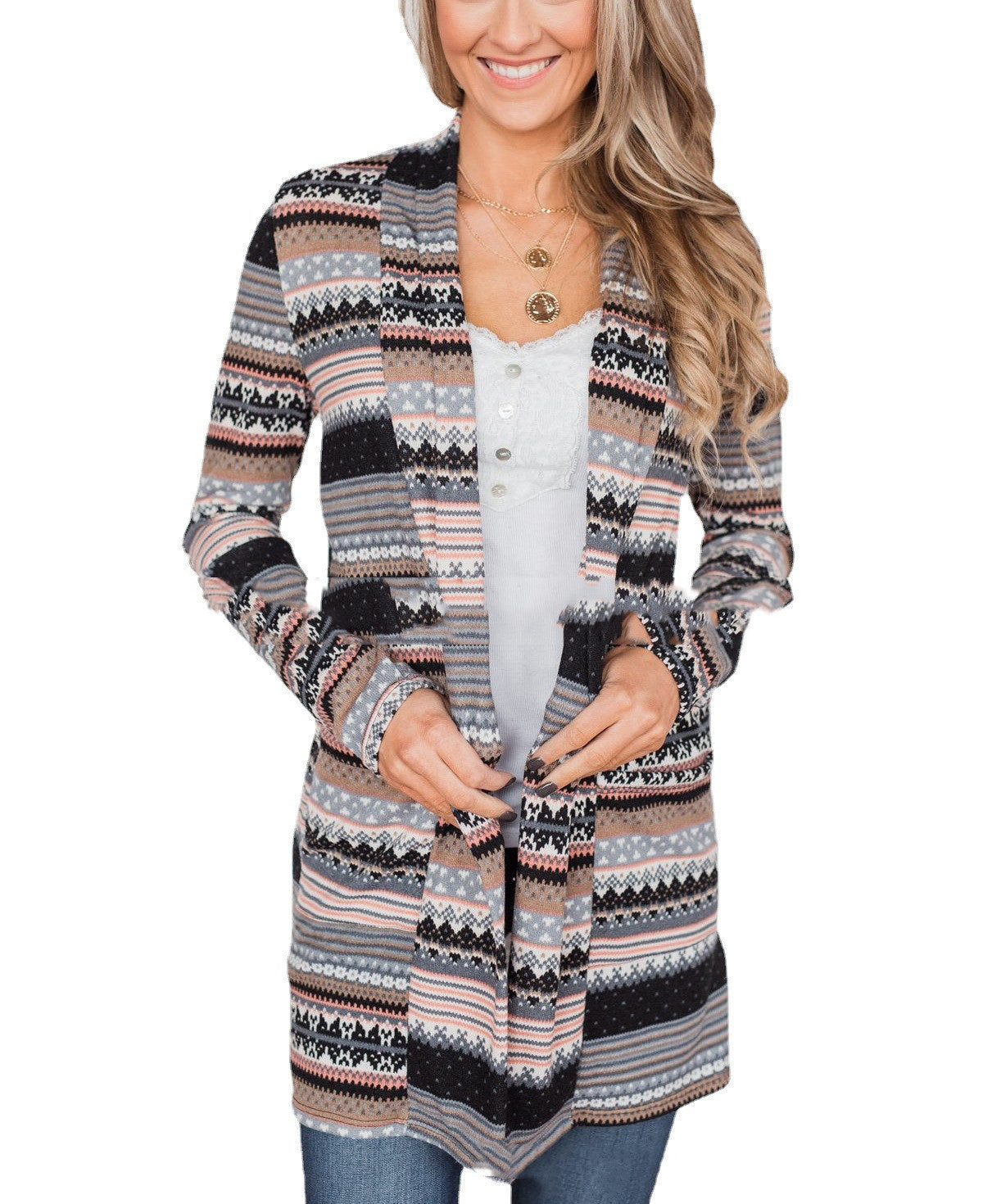 Women's Graphic Printed Pocket Patch Long Sleeve Cardigan