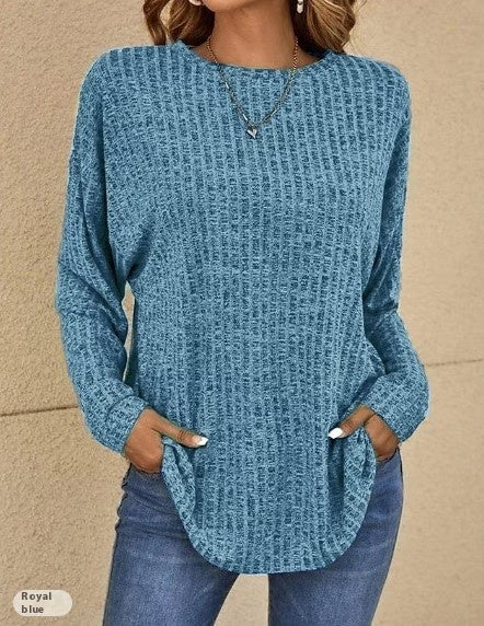 Knitted Sweater Round Neck Sunken Stripe Top Long Sleeve Loose