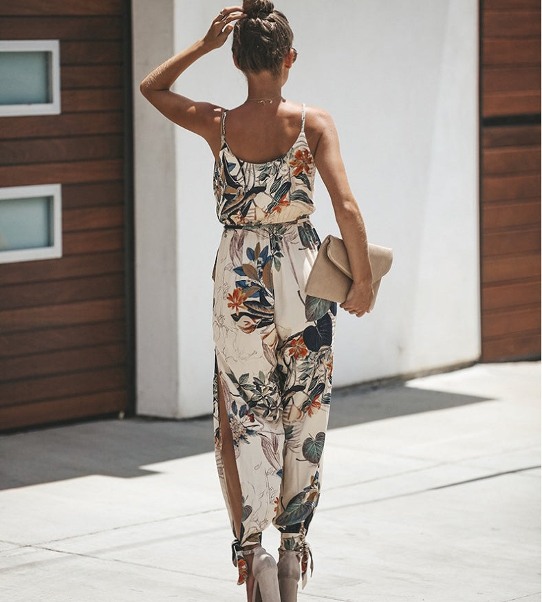 Printed sexy backless tether pocket sling V-neck  jumpsuit