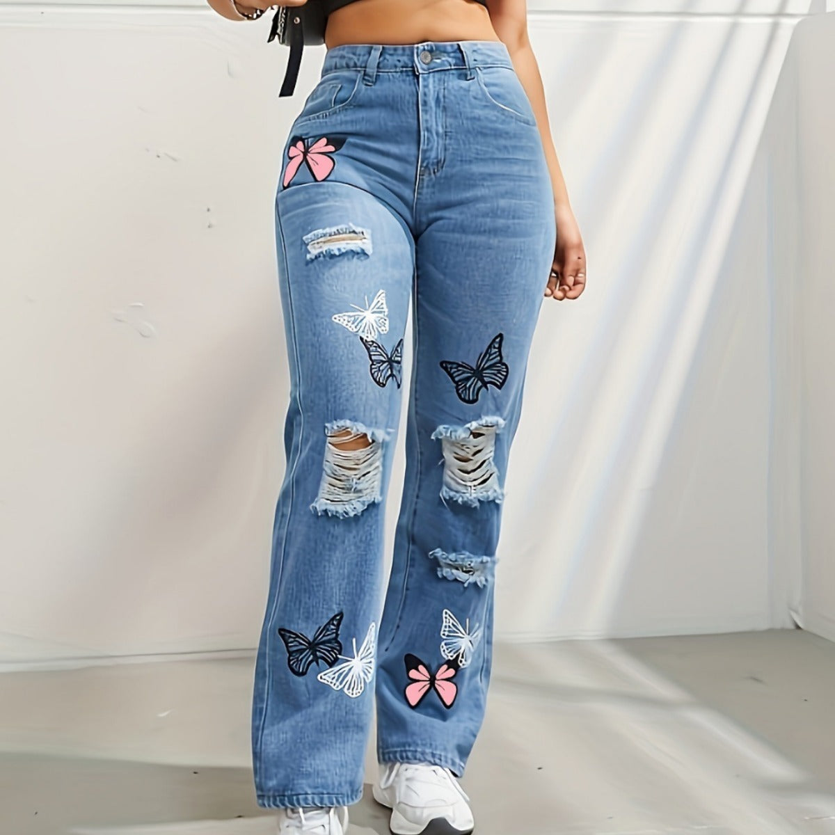 High Waisted Straight Leg Jeans For Women Trendy Butterfly Print Ripped Denim