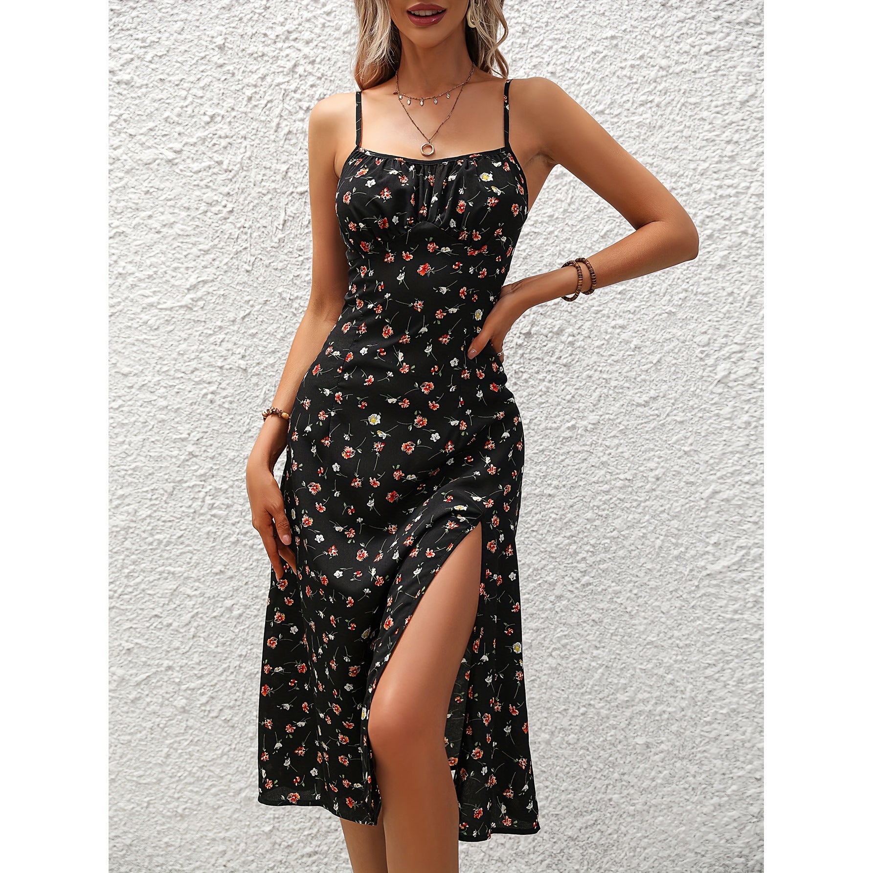 New Polka Dot Print Suspender Dress Summer Sexy Slit Long Dresses For Womens Clothing - Trendys Collections