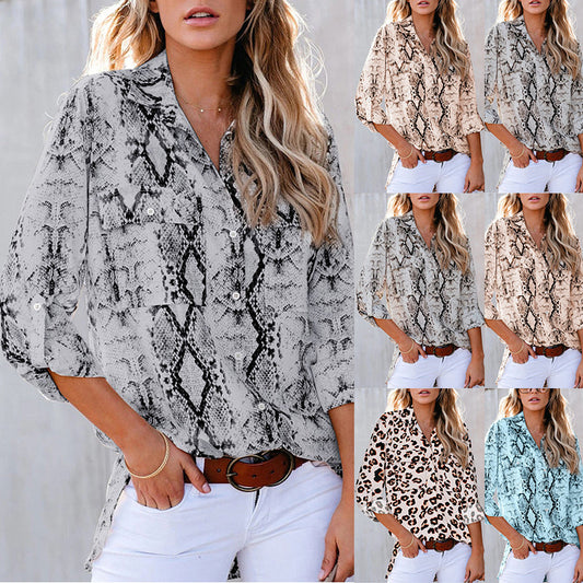 Women Leopard Print Three-Quarter Sleeve Loose Casual Shirt