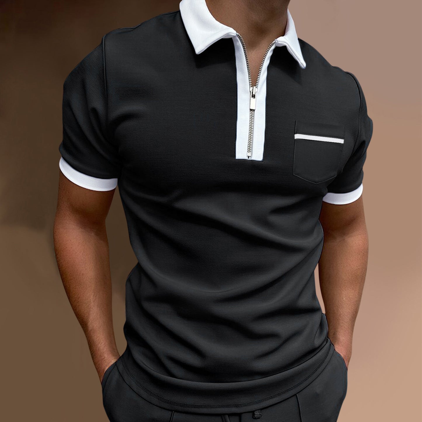 European And American Men's Lapel Fashion Slim Pocket T-shirt