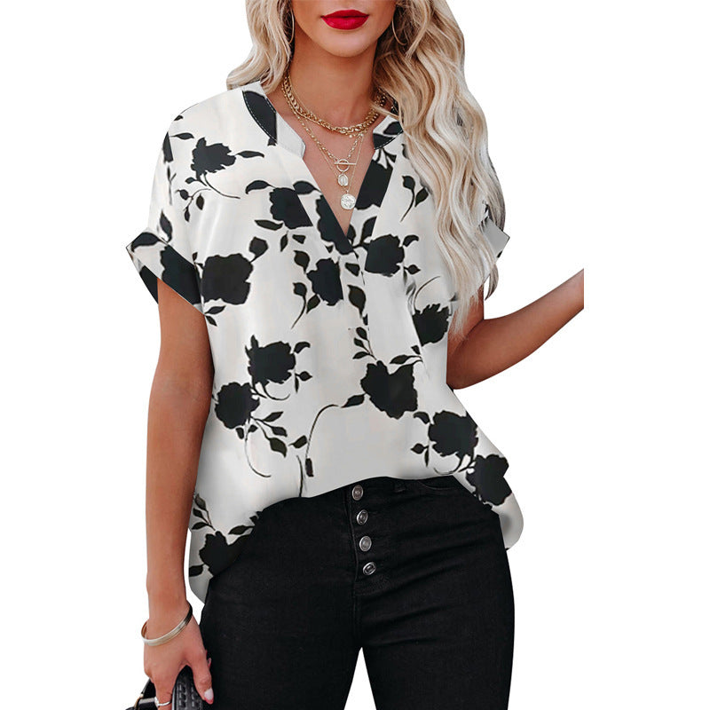 Summer Women's Clothing New Floral Print Short Sleeve Shirt