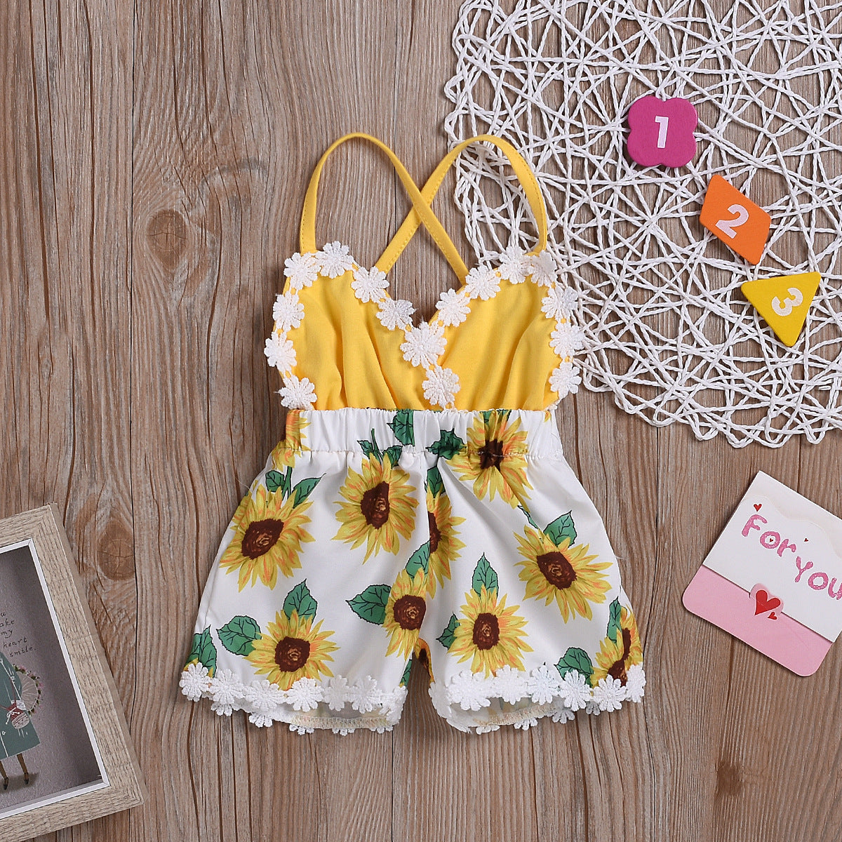 Girls Baby Jumpsuits Sunflower Sling Lace Jumpsuit