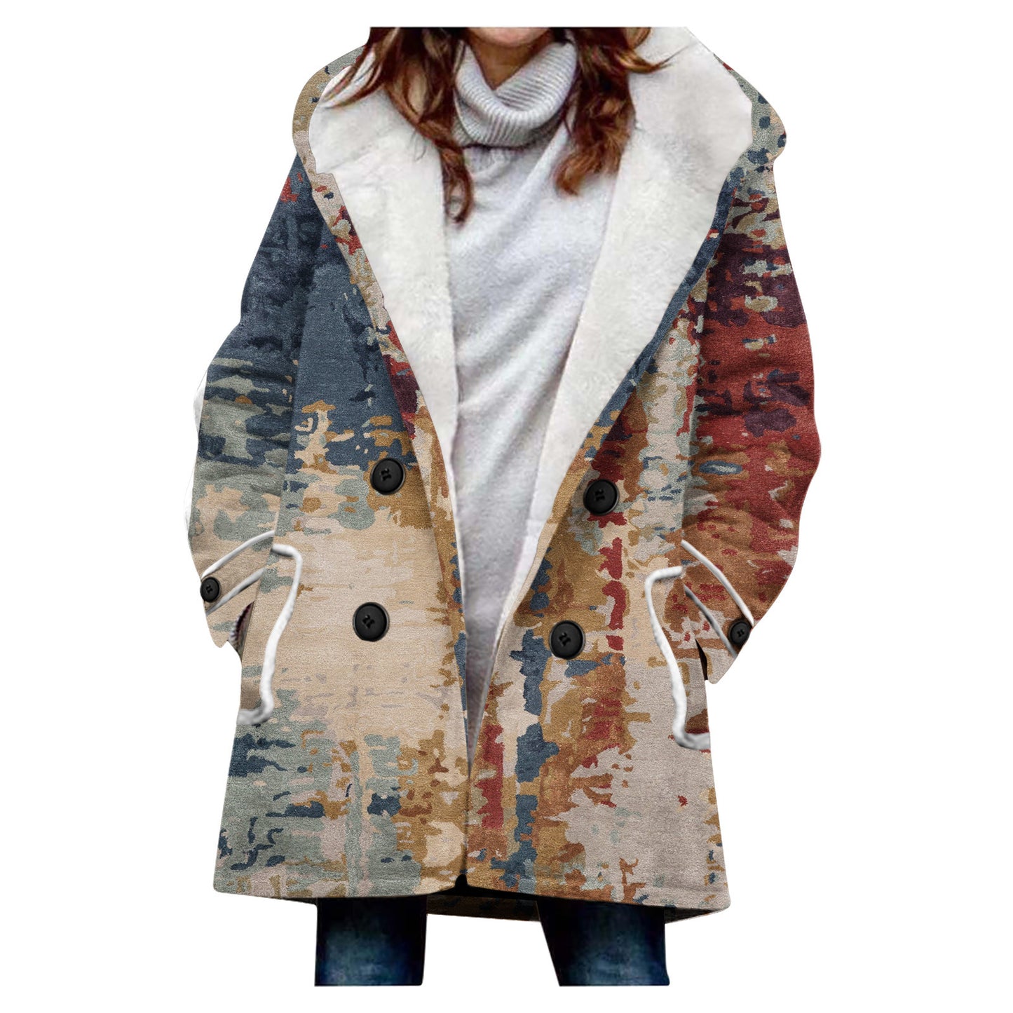 Women's Windbreaker Winter Thickened Imitation Lamb Stitching Floral Hooded