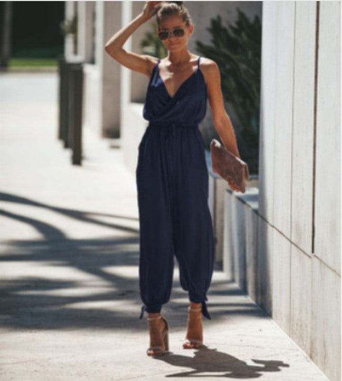 Printed sexy backless tether pocket sling V-neck  jumpsuit