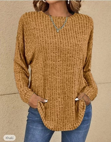 Knitted Sweater Round Neck Sunken Stripe Top Long Sleeve Loose