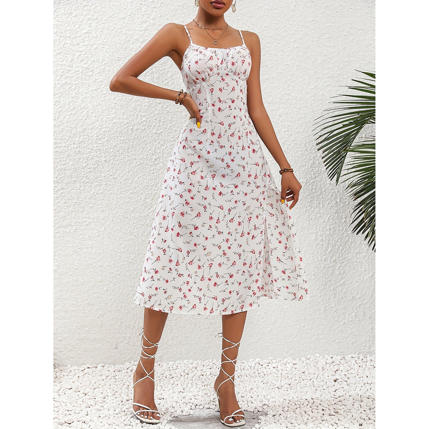 New Polka Dot Print Suspender Dress Summer Sexy Slit Long Dresses For Womens Clothing - Trendys Collections