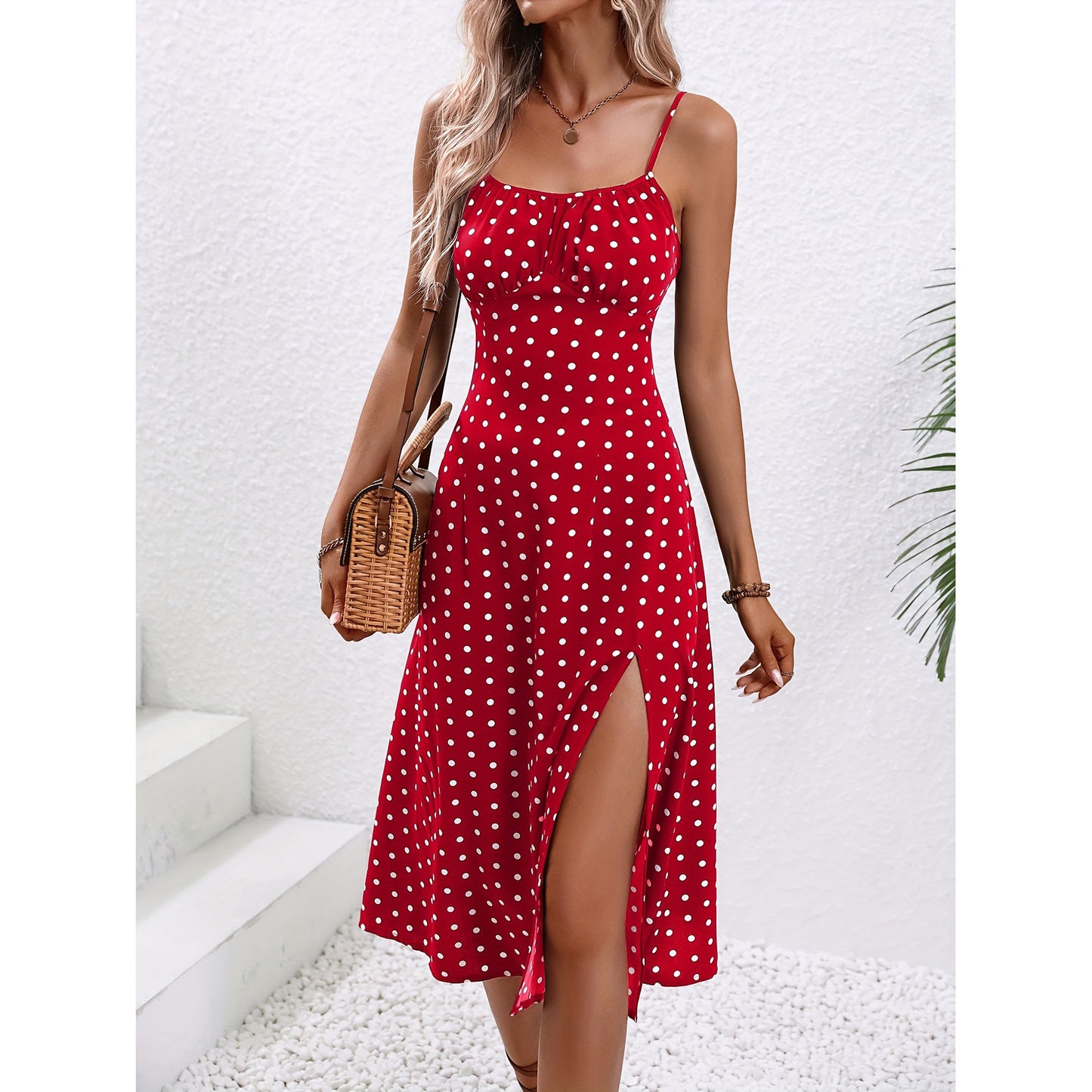 New Polka Dot Print Suspender Dress Summer Sexy Slit Long Dresses For Womens Clothing - Trendys Collections