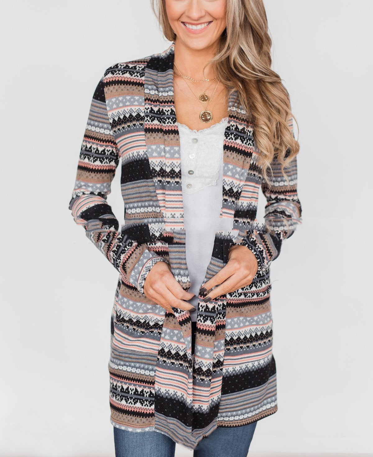 Women's Graphic Printed Pocket Patch Long Sleeve Cardigan