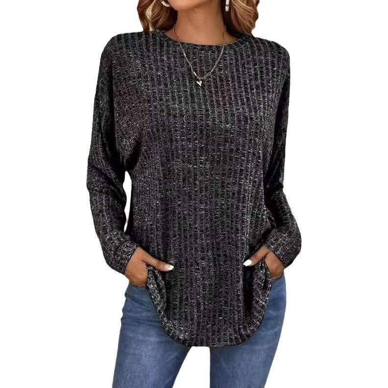 Knitted Sweater Round Neck Sunken Stripe Top Long Sleeve Loose