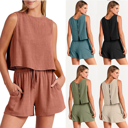 Women's Set Sleeveless Tops And Drawstring Shorts Fashion Suit 2pcs - Trendys Collections