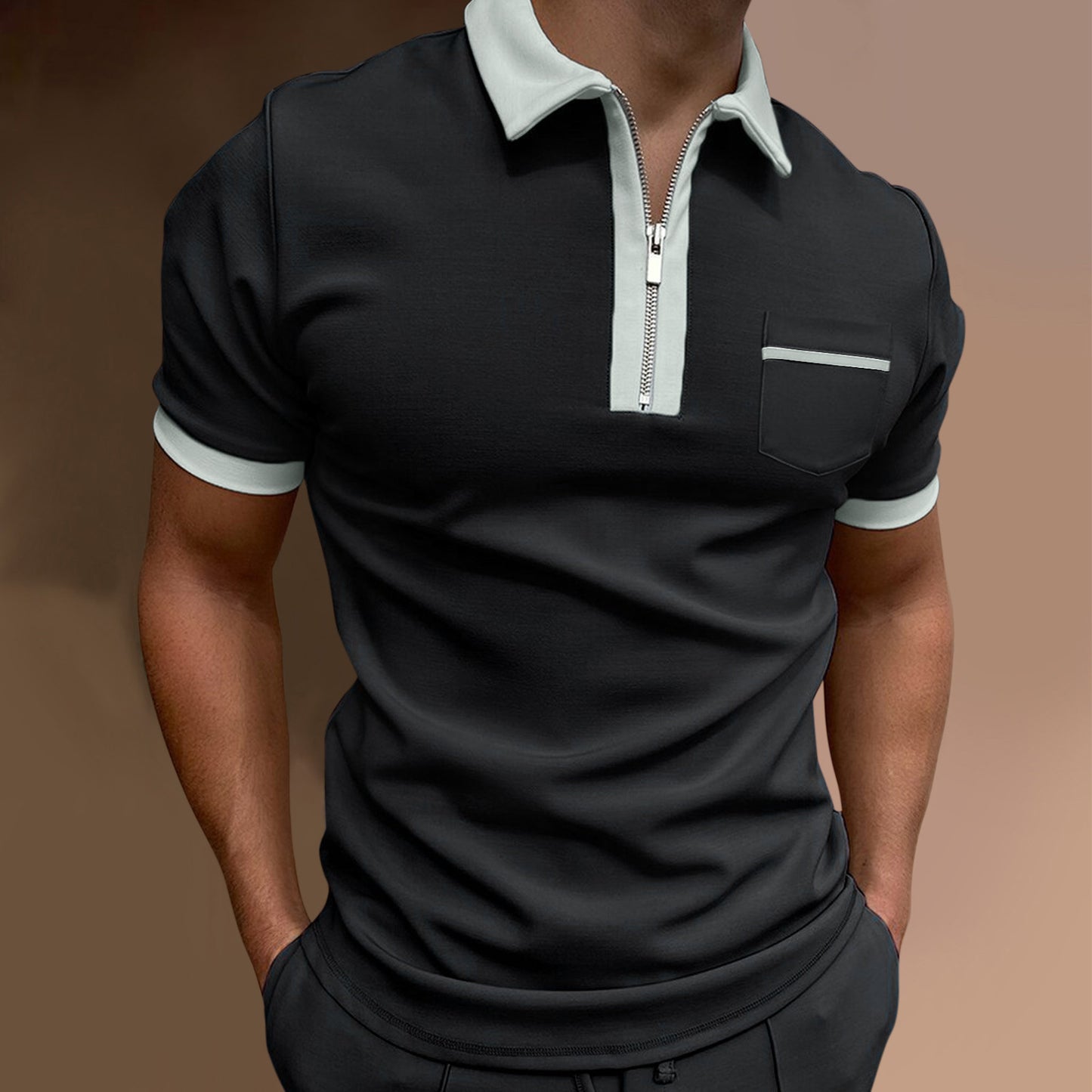 European And American Men's Lapel Fashion Slim Pocket T-shirt