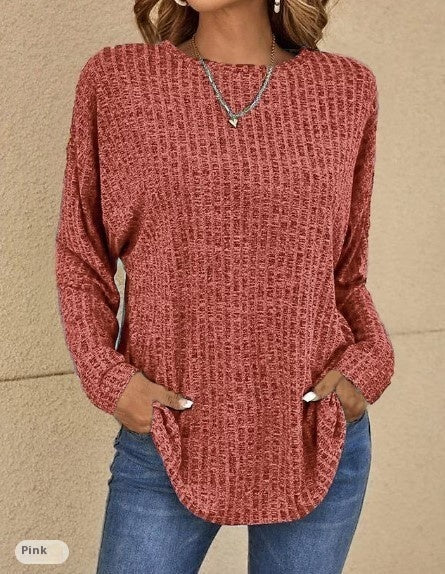 Knitted Sweater Round Neck Sunken Stripe Top Long Sleeve Loose