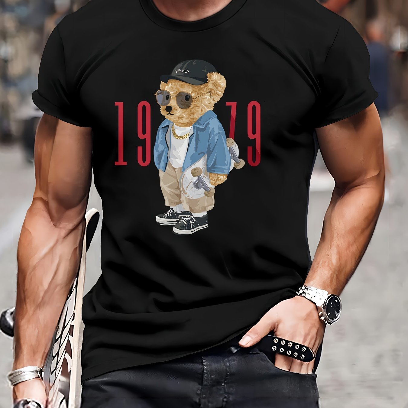 Men's Casual Round Neck T-shirt -1979 Vintage Teddy Bear Print