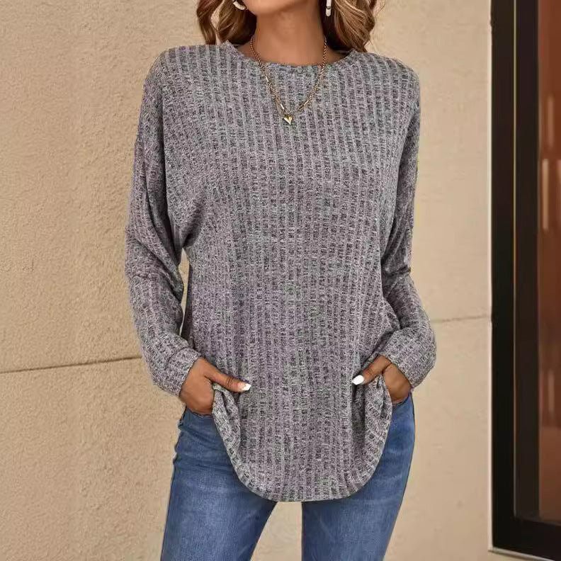 Knitted Sweater Round Neck Sunken Stripe Top Long Sleeve Loose